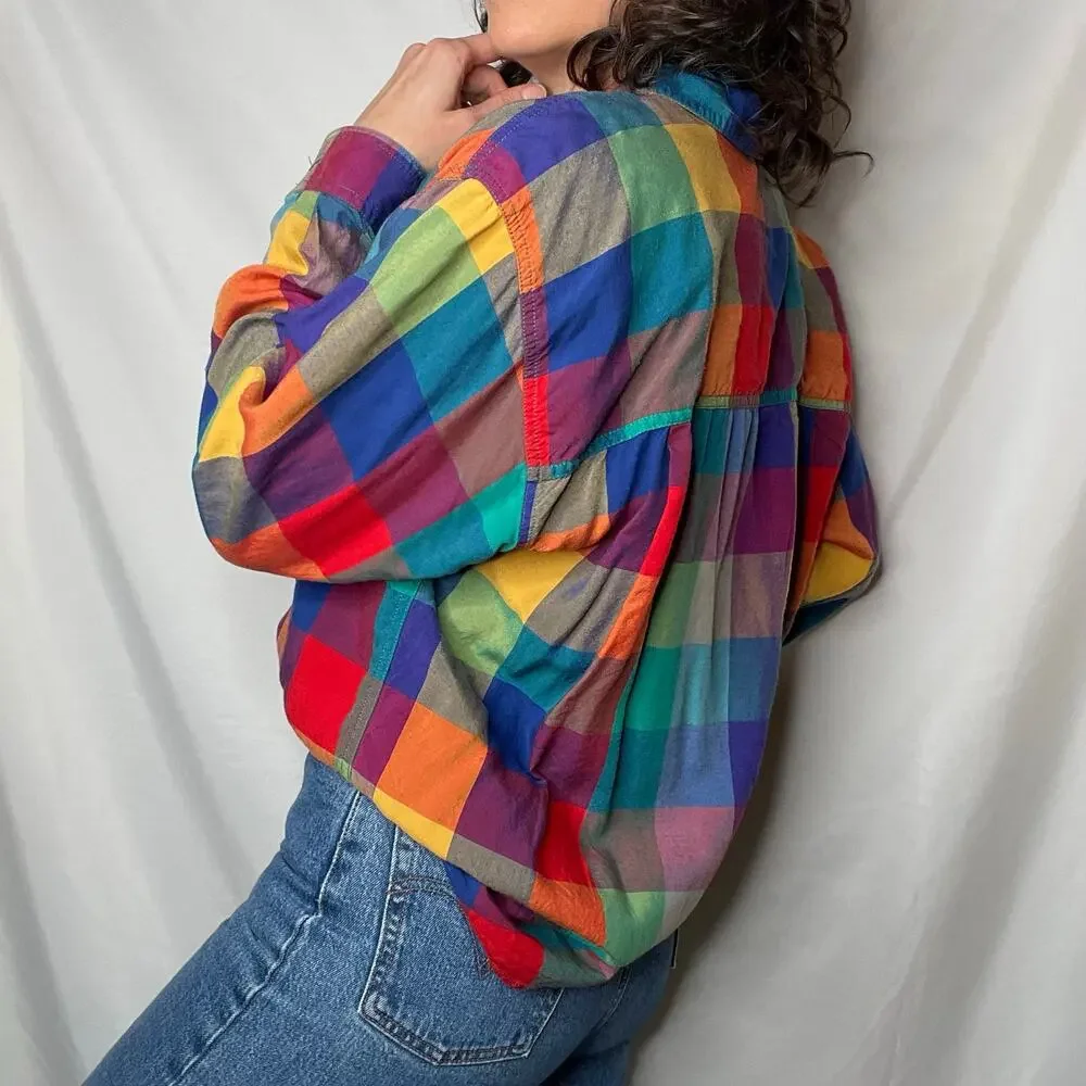 SOLD Vintage lizwear rainbow plaid checkered shirt long sleeve button-down M - Picture 15 of 17